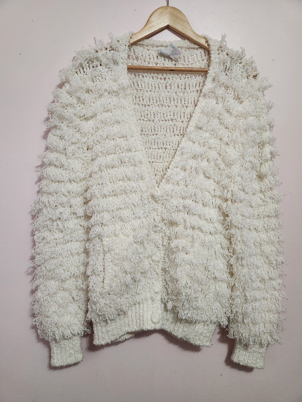 Vintage 80s SNAP Shaggy Loop Knit Cardigan Sweater L Cream Boho Penny Lane Cozy
